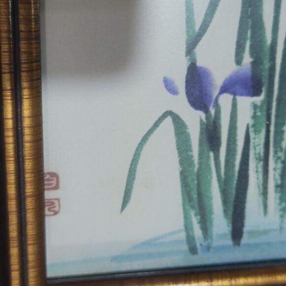 Irises Late Meiji Era Framed Postcard Hand painted On Silk Adhered To Cardstock - Picture 4 of 15